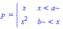 p := piecewise(x < a, x, b < x, x^2)