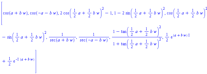 [cos(a+b*w), cos(-a-b*w), 2*cos((1/2)*a+(1/2)*b*w)^2-1, 1-2*sin((1/2)*a+(1/2)*b*w)^2, cos((1/2)*a+(1/2)*b*w)^2-sin((1/2)*a+(1/2)*b*w)^2, 1/sec(a+b*w), 1/sec(-a-b*w), (1-tan((1/2)*a+(1/2)*b*w)^2)/(1+tan((1/2)*a+(1/2)*b*w)^2), (1/2)*exp((a+b*w)*I)+(1/2)*exp(-I*(a+b*w))]