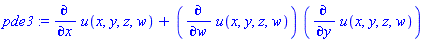 pde3 := diff(u(x, y, z, w), x)+(diff(u(x, y, z, w), w))*(diff(u(x, y, z, w), y))