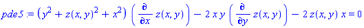 pde5 := (y^2+z(x, y)^2+x^2)*(diff(z(x, y), x))-2*x*y*(diff(z(x, y), y))-2*z(x, y)*x = 0
