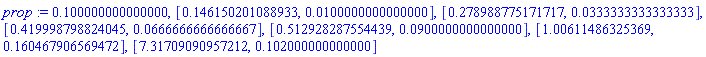 prop := .100000000000000, [.146150201088933, 0.100000000000000e-1], [.278988775171717, 0.333333333333333e-1], [.419998798824045, 0.666666666666667e-1], [.512928287554439, 0.900000000000000e-1], [1.00611486325369, .160467906569472], [7.31709090957212, .102000000000000]