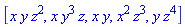 [x*y*z^2, x*y^3*z, x*y, x^2*z^3, y*z^4]