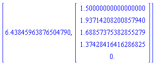 [6.43845963876504790, Vector(5, {(1) = 1.50000000000000000, (2) = 1.93714208200857940, (3) = 1.68857375382855279, (4) = 1.37428416416286825, (5) = 0.})]