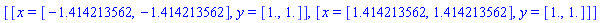 [[x = [-1.414213562, -1.414213562], y = [1., 1.]], [x = [1.414213562, 1.414213562], y = [1., 1.]]]