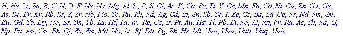 H, He, Li, Be, B, C, N, O, F, Ne, Na, Mg, Al, Si, P, S, Cl, Ar, K, Ca, Sc, Ti, V, Cr, Mn, Fe, Co, Ni, Cu, Zn, Ga, Ge, As, Se, Br, Kr, Rb, Sr, Y, Zr, Nb, Mo, Tc, Ru, Rh, Pd, Ag, Cd, In, Sn, Sb, Te, I, Xe, Cs, Ba, La, Ce, Pr, Nd, Pm, Sm, Eu, Gd, Tb, Dy, Ho, Er, Tm, Yb, Lu, Hf, Ta, W, ` Re`, Os, Ir, Pt, Au, Hg, Tl, Pb, Bi, Po, At, Rn, Fr, Ra, Ac, Th, Pa, U, Np, Pu, Am, Cm, Bk, Cf, Es, Fm, Md, No, Lr, Rf, Db, Sg, Bh, Hs, Mt, Uun, Uuu, Uub, Uuq, Uuh
