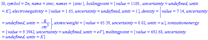 30, symbol = Zn, name = zinc, names = {zinc}, boilingpoint = [value = 1180., uncertainty = undefined, units = K], electronegativity = [value = 1.65, uncertainty = undefined, units = 1], density = [value = 7.14, uncertainty = undefined, units = g/cm^3], atomicweight = [value = 65.39, uncertainty = 0.2e-1, units = u], ionizationenergy = [value = 9.3942, uncertainty = undefined, units = eV], meltingpoint = [value = 692.68, uncertainty = undefined, units = K]