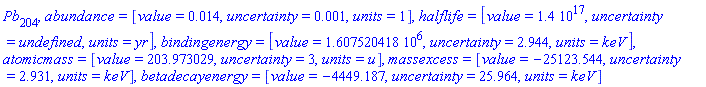 Pb[204], abundance = [value = 0.14e-1, uncertainty = 0.1e-2, units = 1], halflife = [value = 0.14e18, uncertainty = undefined, units = yr], bindingenergy = [value = 1607520.418, uncertainty = 2.944, units = keV], atomicmass = [value = 203.973029, uncertainty = 3, units = u], massexcess = [value = -25123.544, uncertainty = 2.931, units = keV], betadecayenergy = [value = -4449.187, uncertainty = 25.964, units = keV]