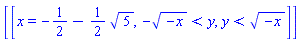 [[x = -1/2-(1/2)*5^(1/2), -(-x)^(1/2) < y, y < (-x)^(1/2)]]