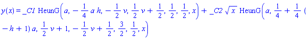 y(x) = _C1*HeunG(a, -(1/4)*a*h, -(1/2)*v, (1/2)*v+1/2, 1/2, 1/2, x)+_C2*x^(1/2)*HeunG(a, 1/4+(1/4)*(-h+1)*a, (1/2)*v+1, -(1/2)*v+1/2, 3/2, 1/2, x)