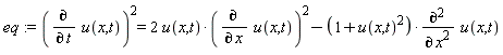 eq := (diff(u(x, t), t))^2 = 2*u(x, t)*(diff(u(x, t), x))^2-(1+u(x, t)^2)*(diff(u(x, t), x, x))