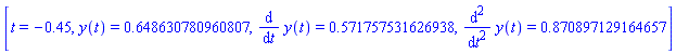 [t = -.45, y(t) = .648630780960807, diff(y(t), t) = .571757531626938, diff(y(t), `$`(t, 2)) = .870897129164657]