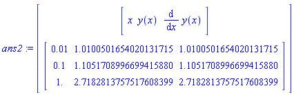 ans2 := Vector(2, {(1) = Vector[row](3, {(1) = x, (2) = y(x), (3) = diff(y(x), x)}), (2) = Matrix(3, 3, {(1, 1) = 0.1e-1, (1, 2) = 1.0100501654020131715, (1, 3) = 1.0100501654020131715, (2, 1) = .1, (2, 2) = 1.1051708996699415880, (2, 3) = 1.1051708996699415880, (3, 1) = 1., (3, 2) = 2.7182813757517608399, (3, 3) = 2.7182813757517608399})})