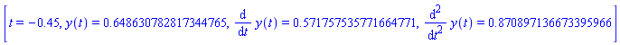 [t = -.45, y(t) = .648630782817344765, diff(y(t), t) = .571757535771664771, diff(y(t), `$`(t, 2)) = .870897136673395966]