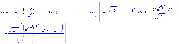 {v = 0, u = -(1/2)*_C3/_C2-_C2*tanh(_C1+_C2*x+_C3*t)}, {v = exp(_c[1]^(1/2)*x)*_C3*exp(_c[1]*t)*_C1+_C3*exp(_c[1]*t)*_C2/exp(_c[1]^(1/2)*x), u = -_c[1]^(1/2)*((exp(_c[1]^(1/2)*x))^2*_C1-_C2)/((exp(_c[1]^(1/2)*x))^2*_C1+_C2)}