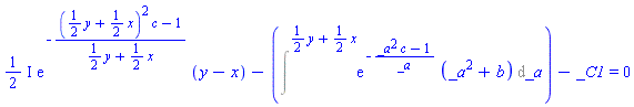 ((1/2)*I)*exp(-(((1/2)*y+(1/2)*x)^2*c-1)/((1/2)*y+(1/2)*x))*(y-x)-(Int(exp(-(_a^2*c-1)/_a)*(_a^2+b), _a = `` .. (1/2)*y+(1/2)*x))-_C1 = 0