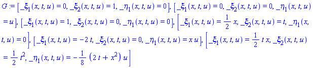 G := [_xi[1](x, t, u) = 0, _xi[2](x, t, u) = 1, _eta[1](x, t, u) = 0], [_xi[1](x, t, u) = 0, _xi[2](x, t, u) = 0, _eta[1](x, t, u) = u], [_xi[1](x, t, u) = 1, _xi[2](x, t, u) = 0, _eta[1](x, t, u) = 0], [_xi[1](x, t, u) = (1/2)*x, _xi[2](x, t, u) = t, _eta[1](x, t, u) = 0], [_xi[1](x, t, u) = -2*t, _xi[2](x, t, u) = 0, _eta[1](x, t, u) = x*u], [_xi[1](x, t, u) = (1/2)*t*x, _xi[2](x, t, u) = (1/2)*t^2, _eta[1](x, t, u) = -(1/8)*(2*t+x^2)*u]