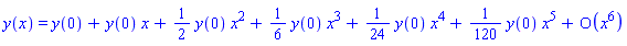 y(x) = series(y(0)+y(0)*x+((1/2)*y(0))*x^2+((1/6)*y(0))*x^3+((1/24)*y(0))*x^4+((1/120)*y(0))*x^5+O(x^6),x,6)