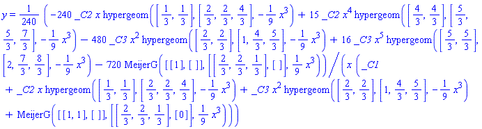 y = (1/240)*(-240*_C2*x*hypergeom([1/3, 1/3], [2/3, 2/3, 4/3], -(1/9)*x^3)+15*_C2*x^4*hypergeom([4/3, 4/3], [5/3, 5/3, 7/3], -(1/9)*x^3)-480*_C3*x^2*hypergeom([2/3, 2/3], [1, 4/3, 5/3], -(1/9)*x^3)+16*_C3*x^5*hypergeom([5/3, 5/3], [2, 7/3, 8/3], -(1/9)*x^3)-720*MeijerG([[1], []], [[2/3, 2/3, 1/3], []], (1/9)*x^3))/(x*(_C1+_C2*x*hypergeom([1/3, 1/3], [2/3, 2/3, 4/3], -(1/9)*x^3)+_C3*x^2*hypergeom([2/3, 2/3], [1, 4/3, 5/3], -(1/9)*x^3)+MeijerG([[1, 1], []], [[2/3, 2/3, 1/3], [0]], (1/9)*x^3)))