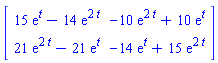 Matrix(2, 2, {(1, 1) = 15*exp(t)-14*exp(2*t), (1, 2) = -10*exp(2*t)+10*exp(t), (2, 1) = 21*exp(2*t)-21*exp(t), (2, 2) = -14*exp(t)+15*exp(2*t)})