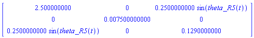 Matrix(3, 3, {(1, 1) = 2.500000000, (1, 2) = 0, (1, 3) = .2500000000*sin(theta_R5(t)), (2, 1) = 0, (2, 2) = 0.7500000000e-2, (2, 3) = 0, (3, 1) = .2500000000*sin(theta_R5(t)), (3, 2) = 0, (3, 3) = .1290000000})