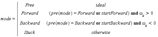 mode = piecewise(ideal, Free, `and`(pre(mode) = Forward or startForward, omega[a] > 0), Forward, (pre(mode) = Backward or startBackward) and omega[a] < 0, Backward, Stuck)