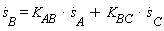 diff(s[B](t), t) = K[AB]*(diff(s[A](t), t))+K[BC]*(diff(s[C](t), t))