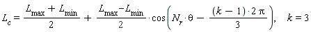 L[c] = (L[max]+L[min])*(1/2)+((L[max]-L[min])*(1/2))*cos(N[r]*theta-(1/3)*((k-1)*2)*Pi), k = 3
