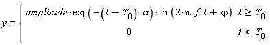 y = piecewise(t >= T[0], amplitude*exp(-(t-T[0])*alpha)*sin(2*Pi*f*t+`&varphi;`), t < T[0], 0)