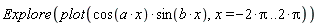 Explore(plot(cos(a*x)*sin(b*x), x = -2*Pi .. 2*Pi))