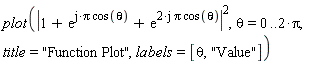 plot(abs(1+exp(I*Pi*cos(theta))+exp((2*I)*Pi*cos(theta)))^2, theta = 0 .. 2*Pi, title = "Function Plot", labels = [theta, "Value"])