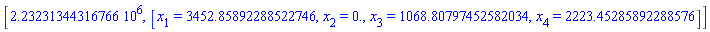 [2232313.44316766, [x[1] = 3452.85892288522746, x[2] = 0., x[3] = 1068.80797452582034, x[4] = 2223.45285892288576]]