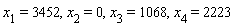 x[1] = 3452, x[2] = 0, x[3] = 1068, x[4] = 2223