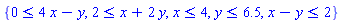 {0 <= 4*x-y, 2 <= x+2*y, x <= 4, y <= 6.5, x-y <= 2}