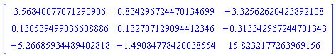 Matrix([[3.56840077071291, .834296724470135, -3.32562620423892], [.130539499036609, .132707129094412, -.313342967244701], [-5.26685934489403, -1.49084778420039, 15.8232177263969]])