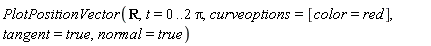 PlotPositionVector(R, t = 0 .. 2*Pi, curveoptions = [color = red], tangent = true, normal = true)