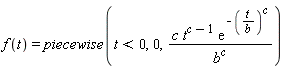f(t) = piecewise(t < 0, 0, c*t^(c-1)*exp(-(t/b)^c)/b^c)