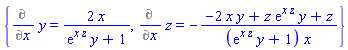 {Diff(y, x) = 2*x/(exp(x*z)*y+1), Diff(z, x) = -(-2*x*y+z*exp(x*z)*y+z)/((exp(x*z)*y+1)*x)}