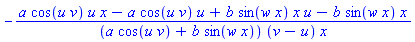 -(a*cos(u*v)*u*x-a*cos(u*v)*u+b*sin(w*x)*x*u-b*sin(w*x)*x)/((a*cos(u*v)+b*sin(w*x))*(v-u)*x)