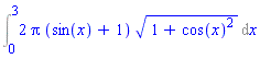 Int(2*Pi*(sin(x)+1)*(1+cos(x)^2)^(1/2), x = 0 .. 3)
