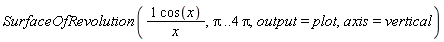 SurfaceOfRevolution(cos(x)/x, Pi .. 4*Pi, output = plot, axis = vertical)