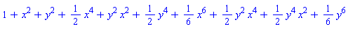 1+x^2+y^2+(1/2)*x^4+y^2*x^2+(1/2)*y^4+(1/6)*x^6+(1/2)*y^2*x^4+(1/2)*y^4*x^2+(1/6)*y^6