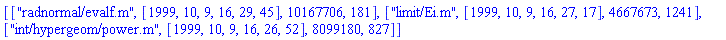 [["radnormal/evalf.m", [1999, 10, 9, 16, 29, 45], 10167706, 181], ["limit/Ei.m", [1999, 10, 9, 16, 27, 17], 4667673, 1241], ["int/hypergeom/power.m", [1999, 10, 9, 16, 26, 52], 8099180, 827]]