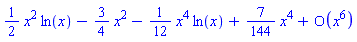 (1/2)*x^2*ln(x)-(3/4)*x^2-(1/12)*x^4*ln(x)+(7/144)*x^4+O(x^6)
