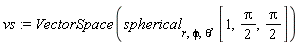 vs := VectorSpace(spherical[r, phi, theta], [1, (1/2)*Pi, (1/2)*Pi])