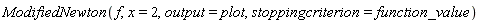 ModifiedNewton(f, x = 2, output = plot, stoppingcriterion = function_value)