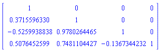 Matrix([[1, 0, 0, 0], [.3715596330, 1, 0, 0], [-.5259938838, .9780264465, 1, 0], [.5076452599, .7481104427, -.1367344232, 1]])