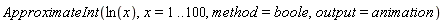 ApproximateInt(ln(x), x = 1 .. 100, method = boole, output = animation)