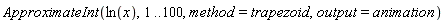 ApproximateInt(ln(x), 1 .. 100, method = trapezoid, output = animation)