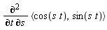 diff(`<,>`(cos(s*t), sin(s*t)), t, s)