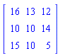 Matrix([[16, 13, 12], [10, 10, 14], [15, 10, 5]])